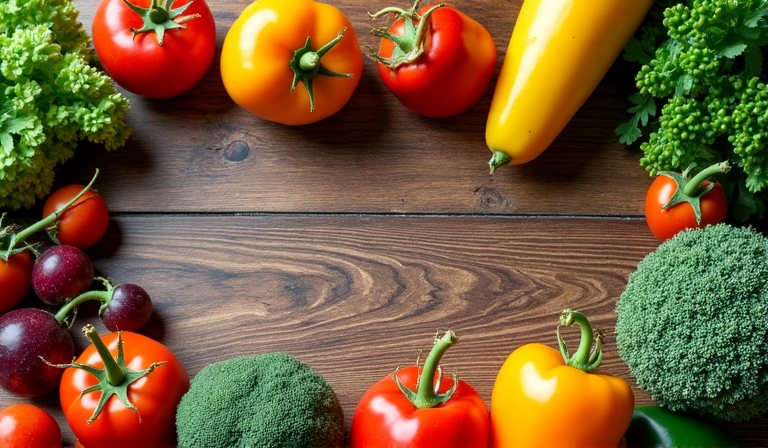 Frisches Obst und Gemüse auf einem Holztisch, symbolisiert gesunde Ernährung