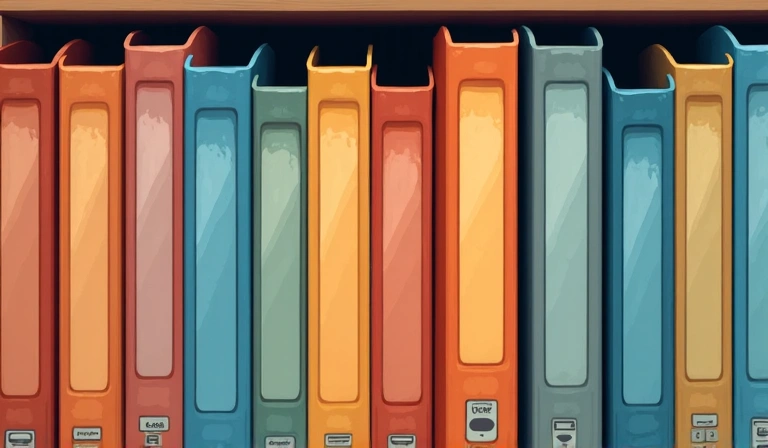 Verschiedene farbige Ordner auf einem Regal, symbolisiert Kategorien